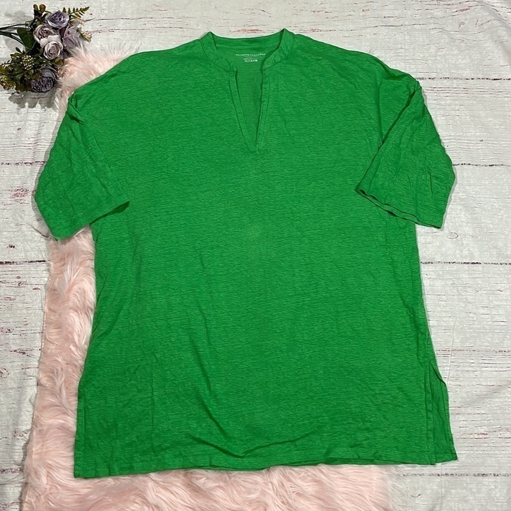 Majestic Filatures Linen Blend Bright Green V-neck Shirt Dress